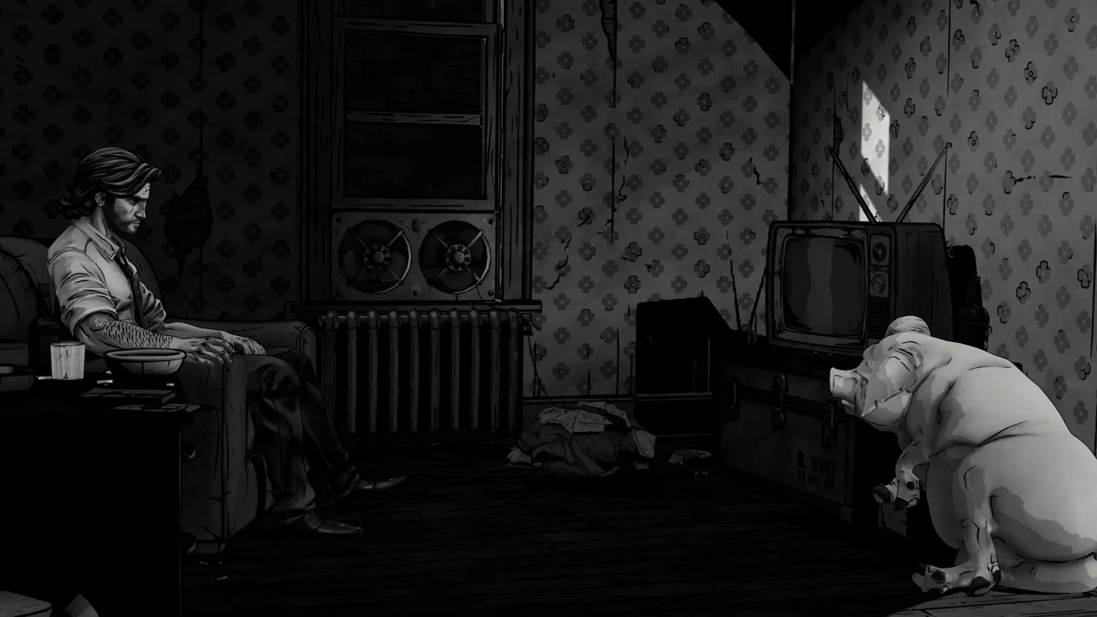 Bigby in the holding cells, the setting for one of the game's action trophies